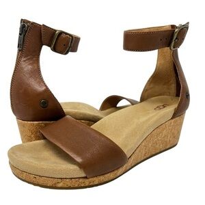 UGG Tan Leather Wedge Sandals